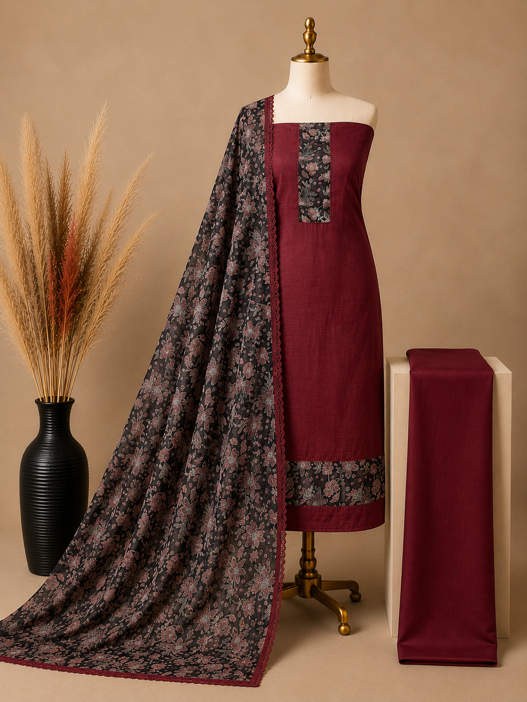 Elegant Vichitra Silk Suit Set - brownish Maroon