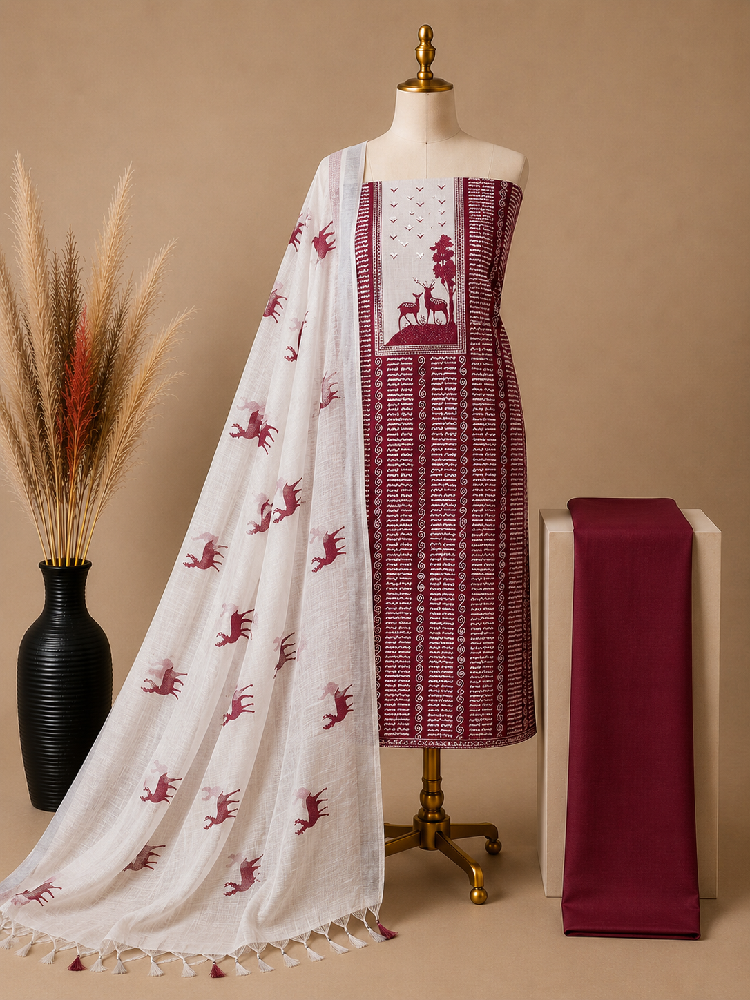 Elegant Linen Cotten Suit Set - Maroon