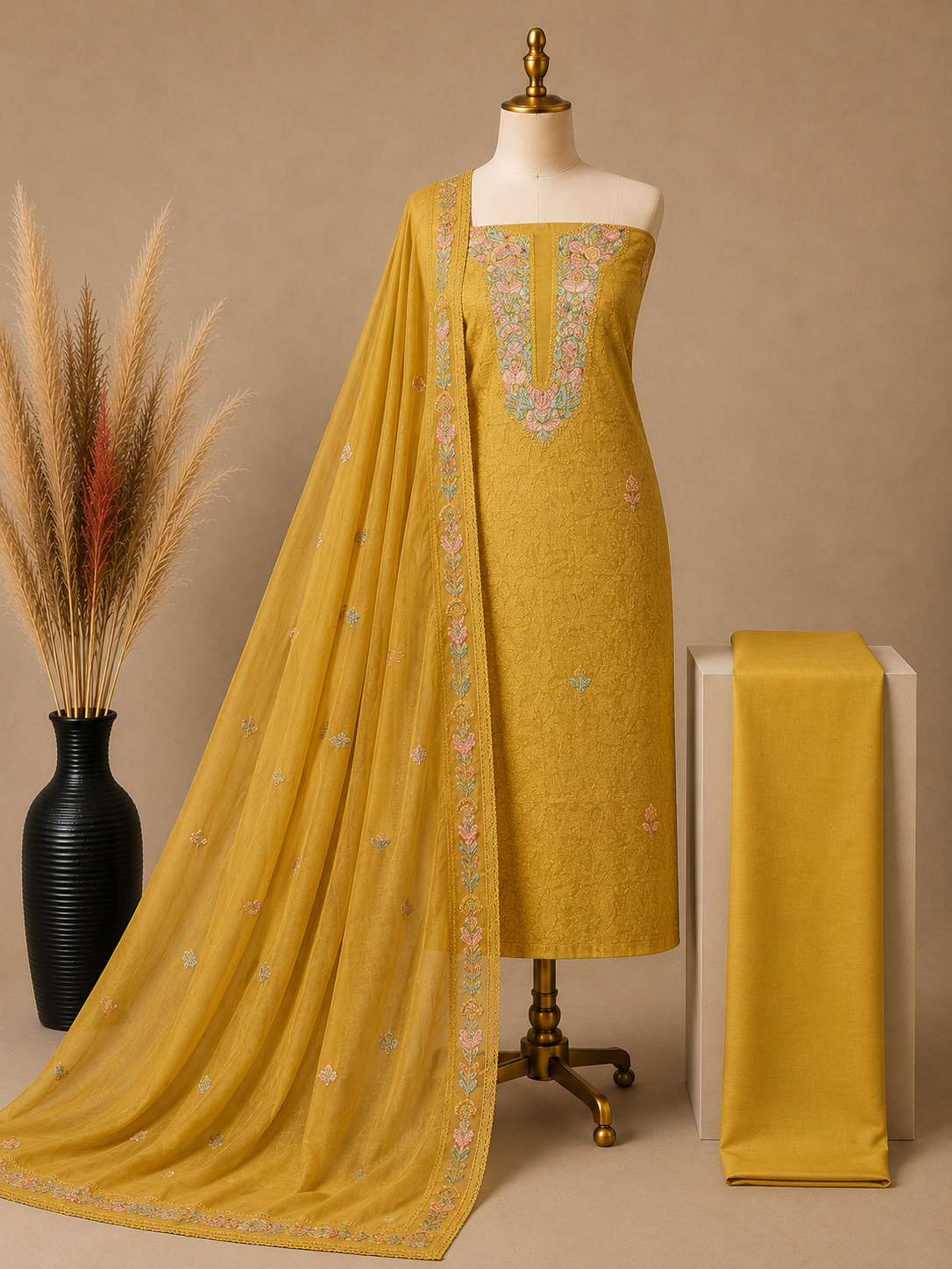 Premium Mal Chanderi Kashmiri Embroidered Suit Set