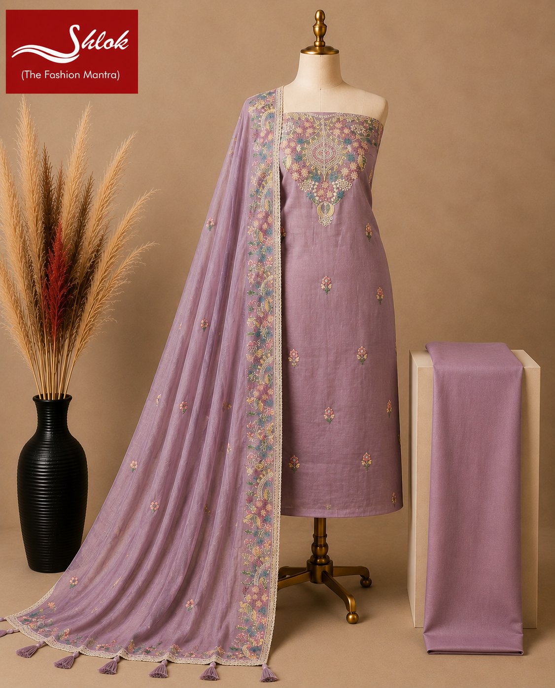 Premium Mal Chanderi Embroidered Suit Set