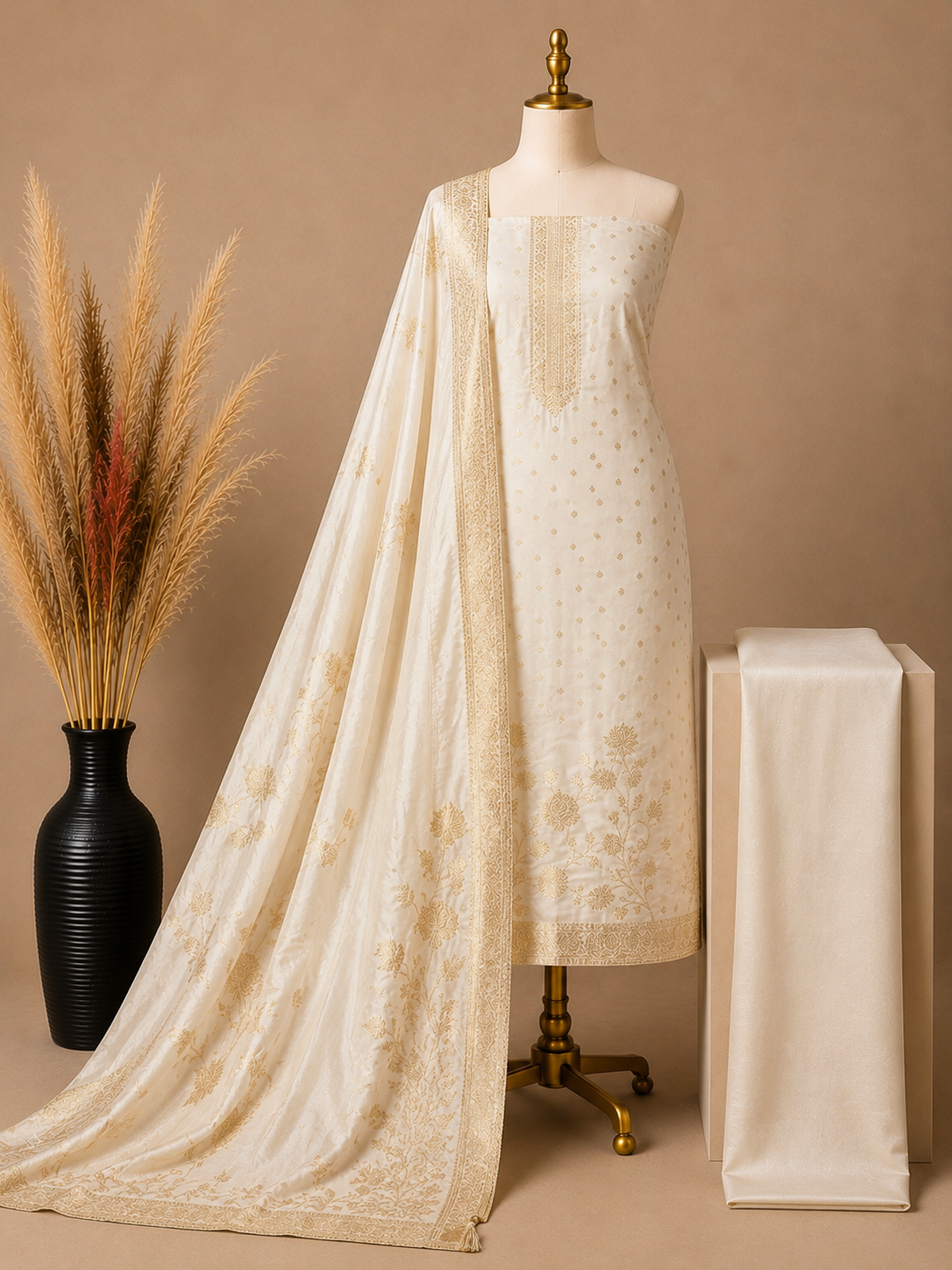 Premium Banarasi Crepe Silk Suit Set - off white