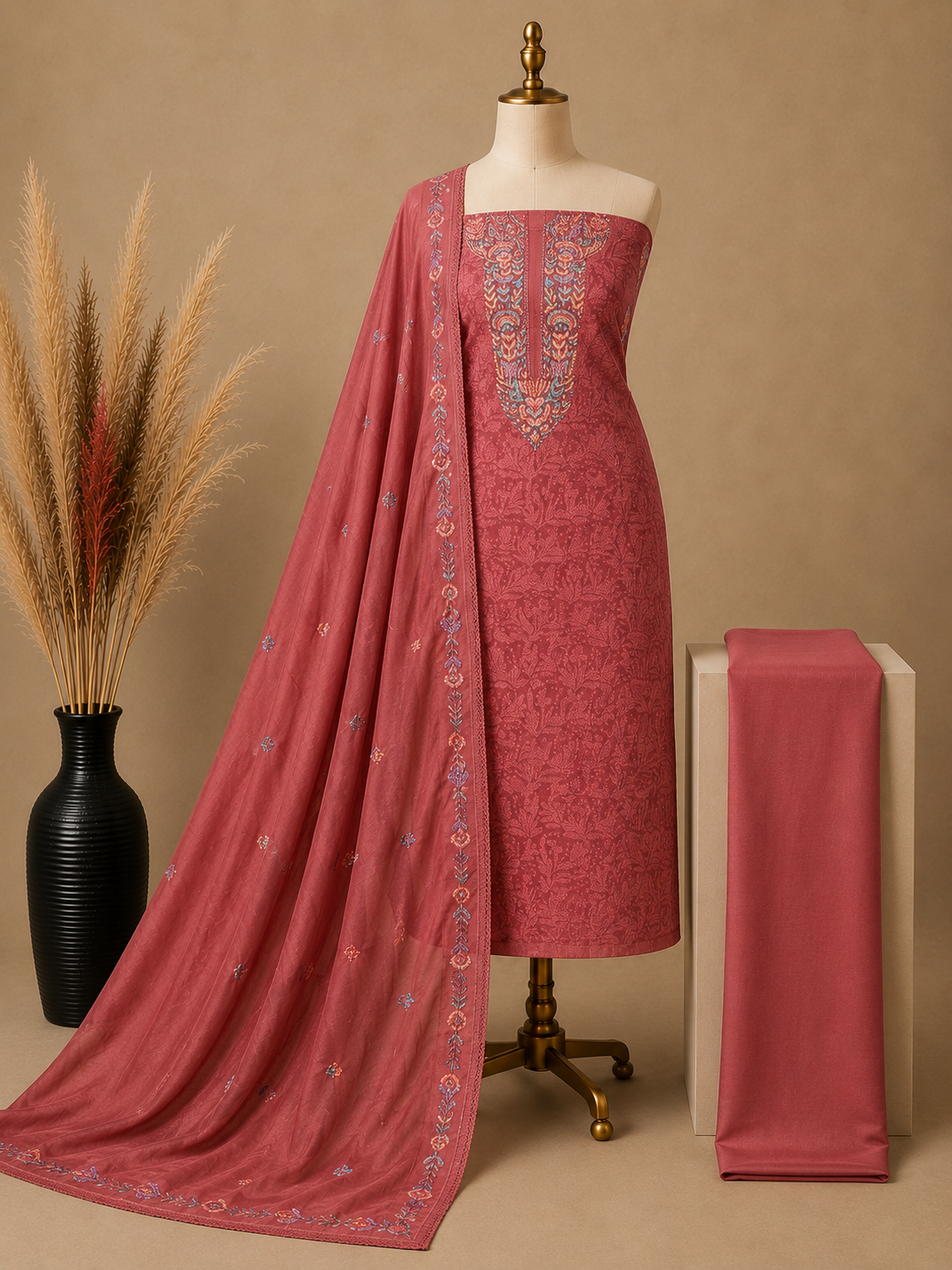 Premium Mal Chanderi Kashmiri Embroidered Suit Set