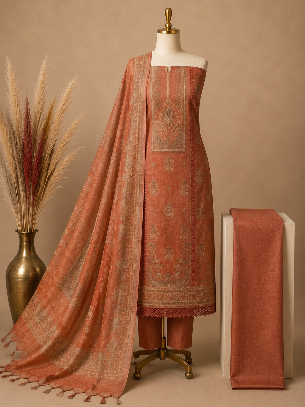 Charcoal Linen Cotton Suit Set with Stone Work