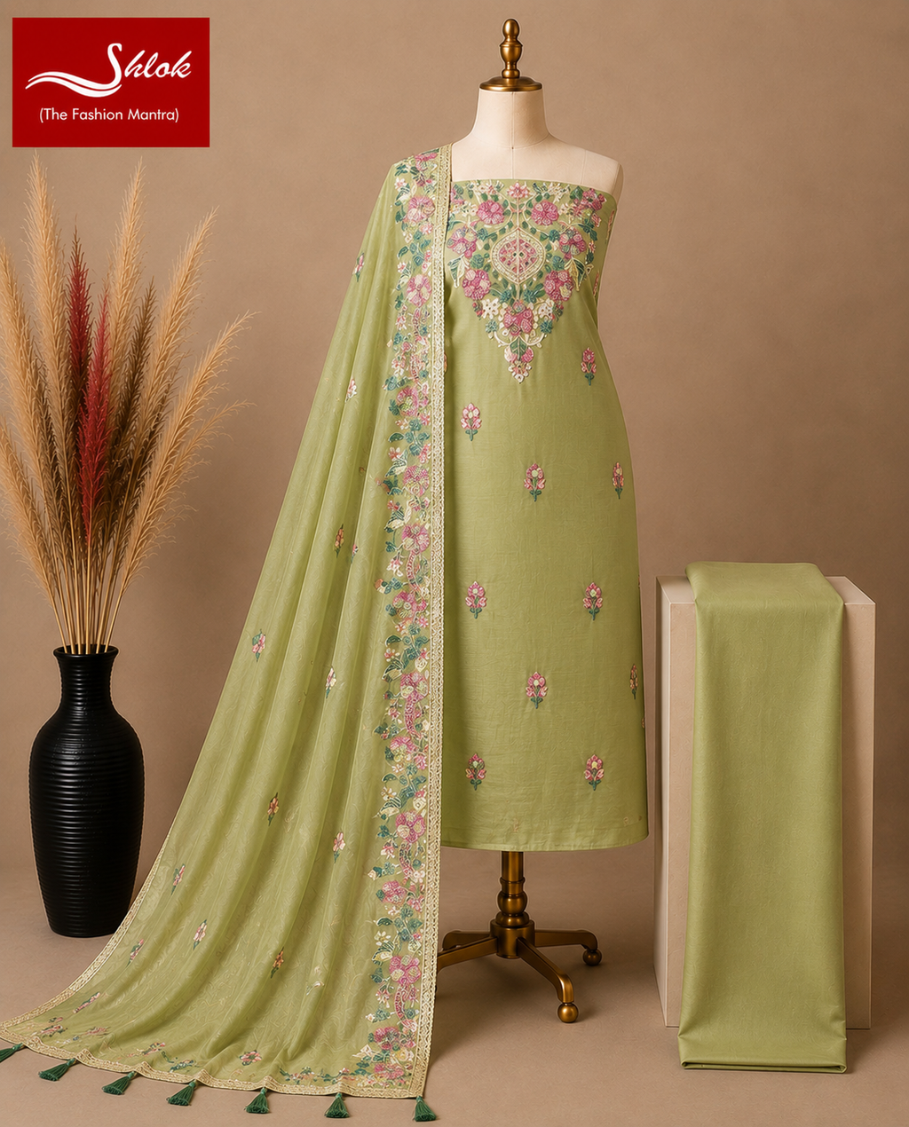 Premium Mal Chanderi Embroidered Suit Set