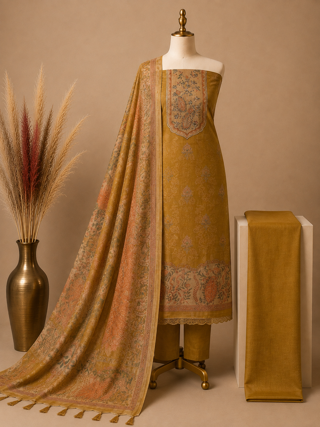 Linen Silk Suit Set with Moti Embroidery