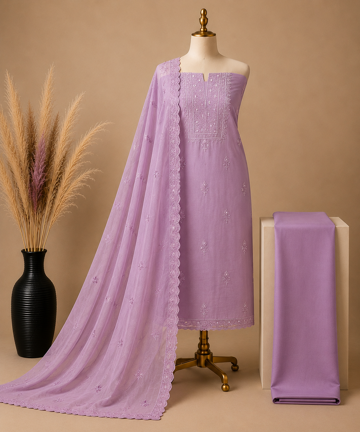 Mal Chanderi Suit Set with Moti Embroidery
