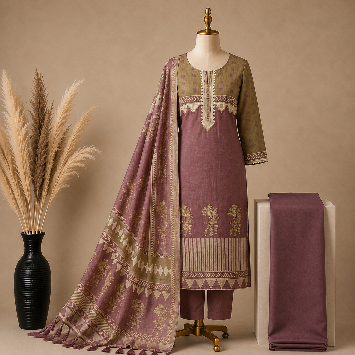 Premium Linen Silk Ari Embroidered Suit Set