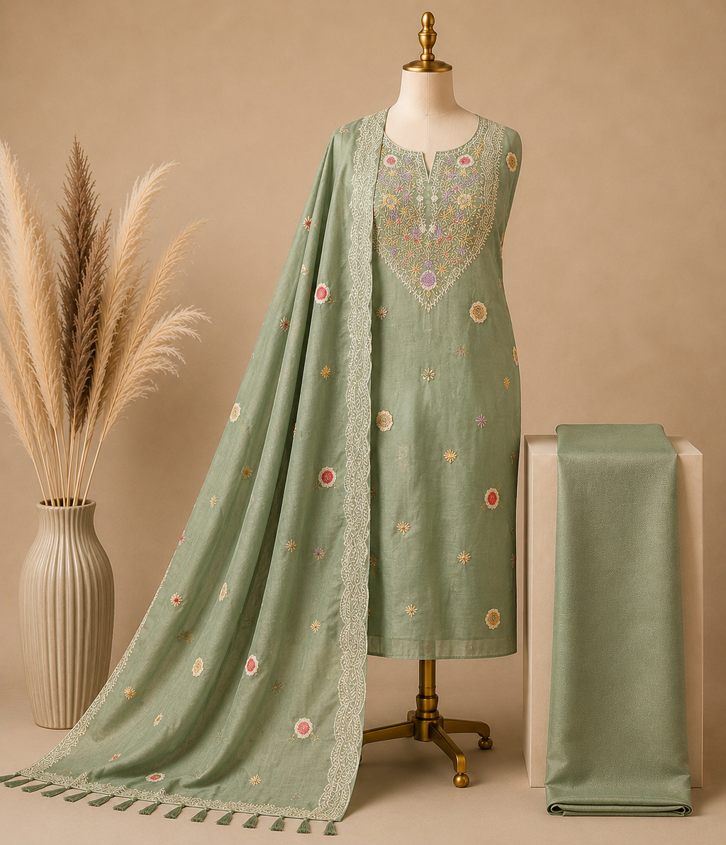 Premium Mal Chanderi Kashmiri Embroidered Suit Set