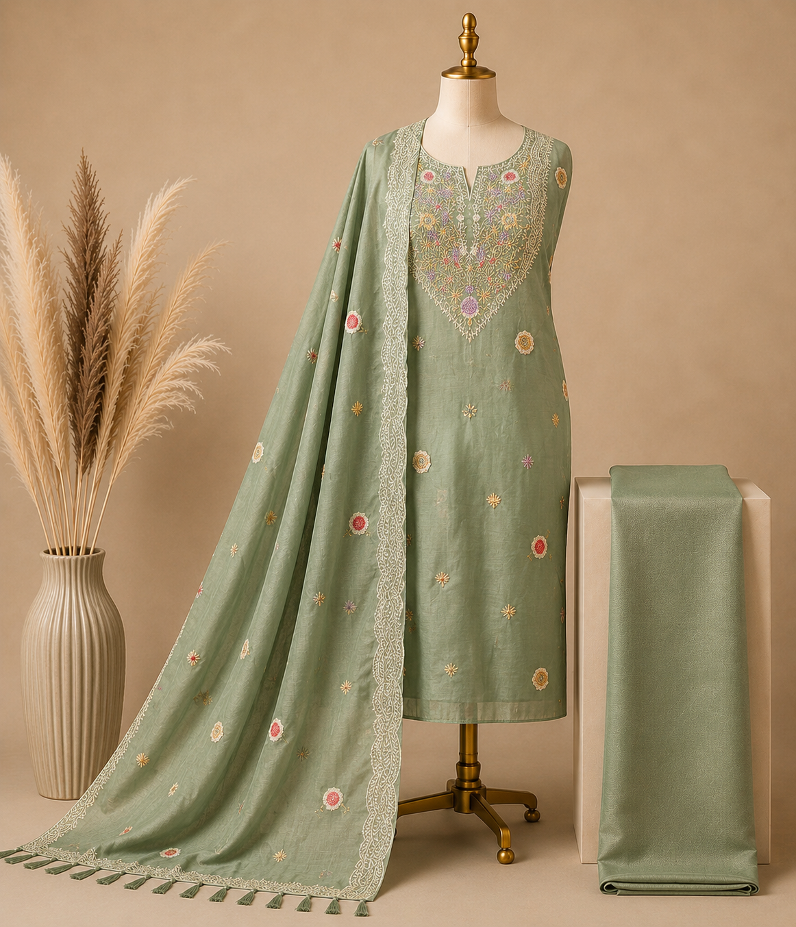 Premium Mal Chanderi Kashmiri Embroidered Suit Set
