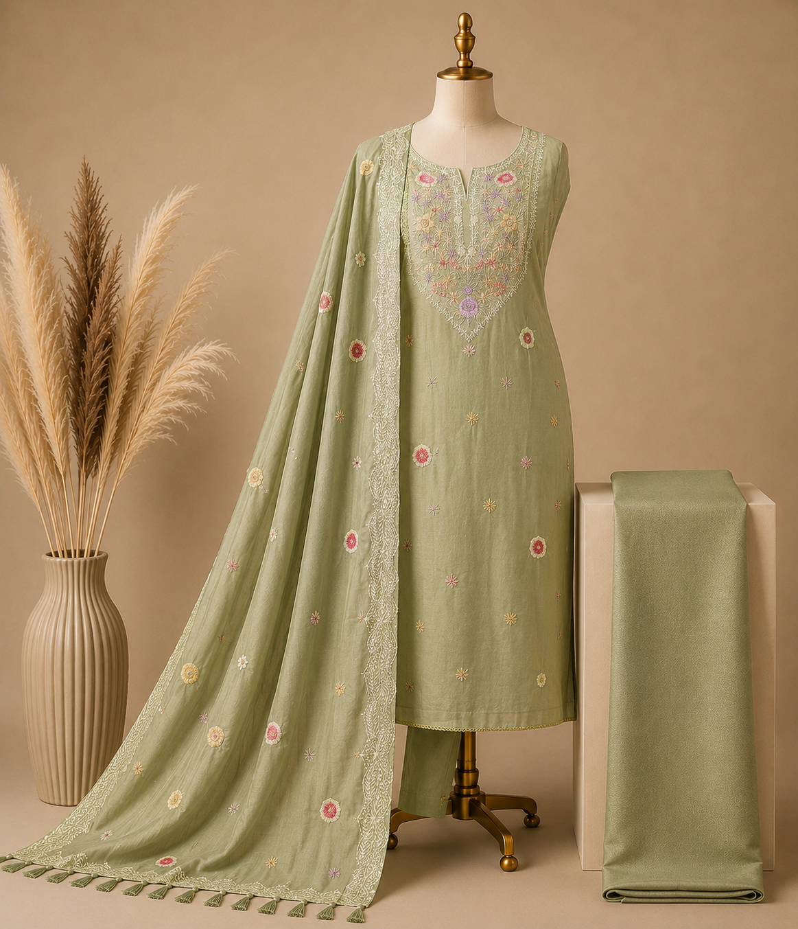 Premium Mal Chanderi Kashmiri Embroidered Suit Set