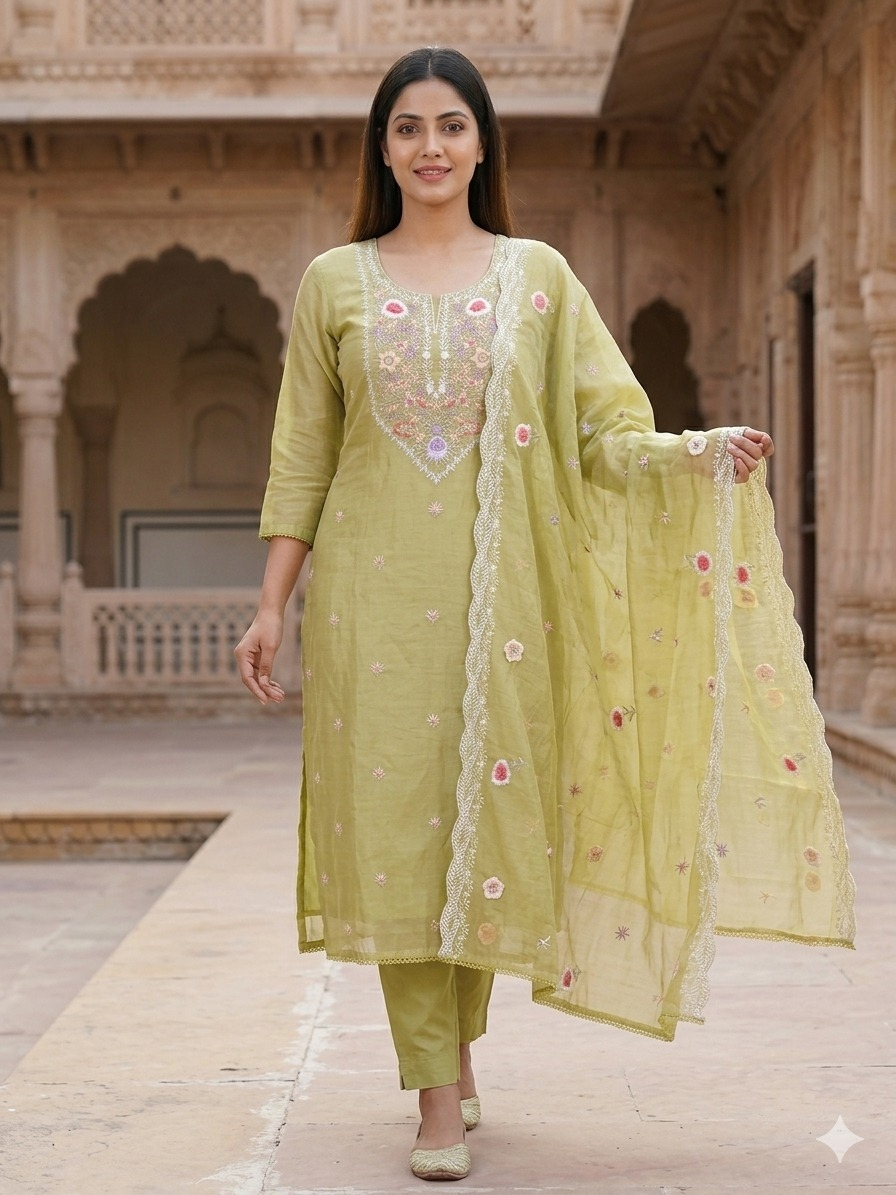 Premium Mal Chanderi Kashmiri Embroidered Suit Set