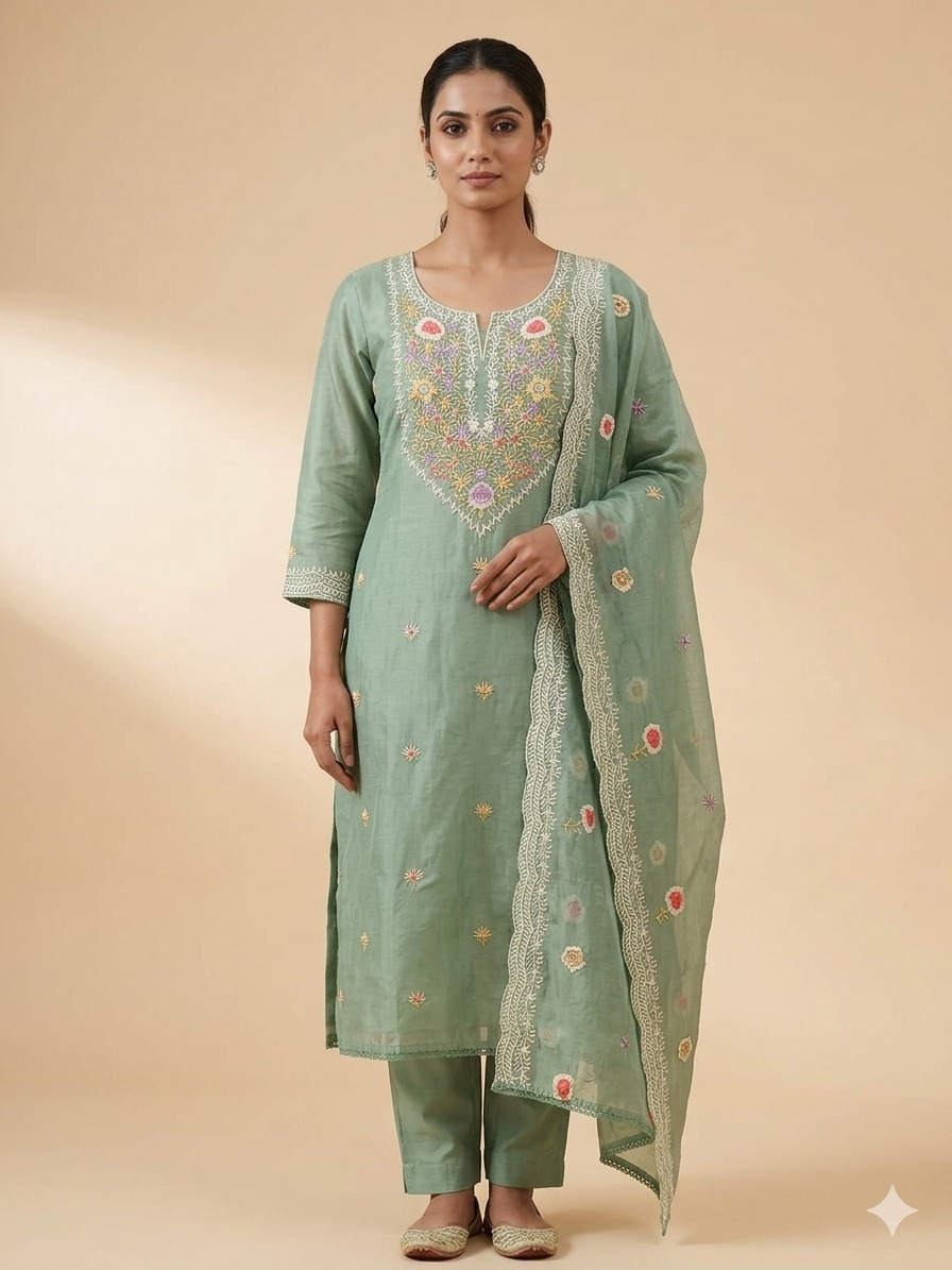 Premium Mal Chanderi Kashmiri Embroidered Suit Set