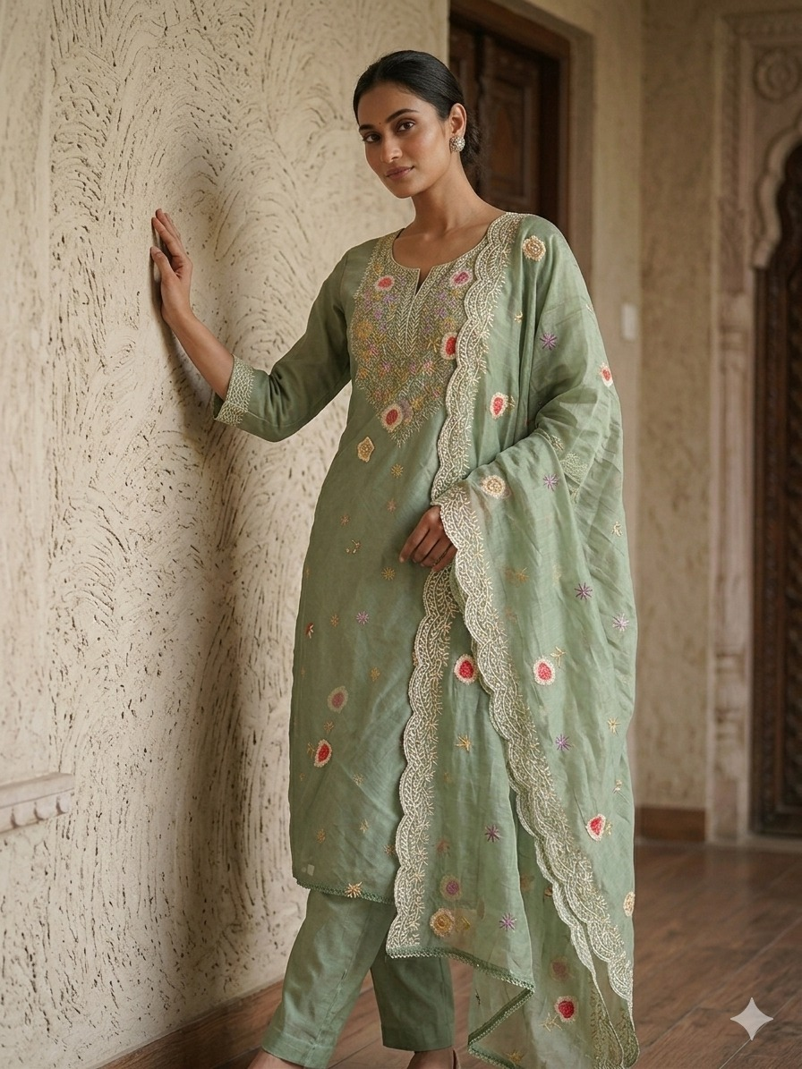 Premium Mal Chanderi Kashmiri Embroidered Suit Set