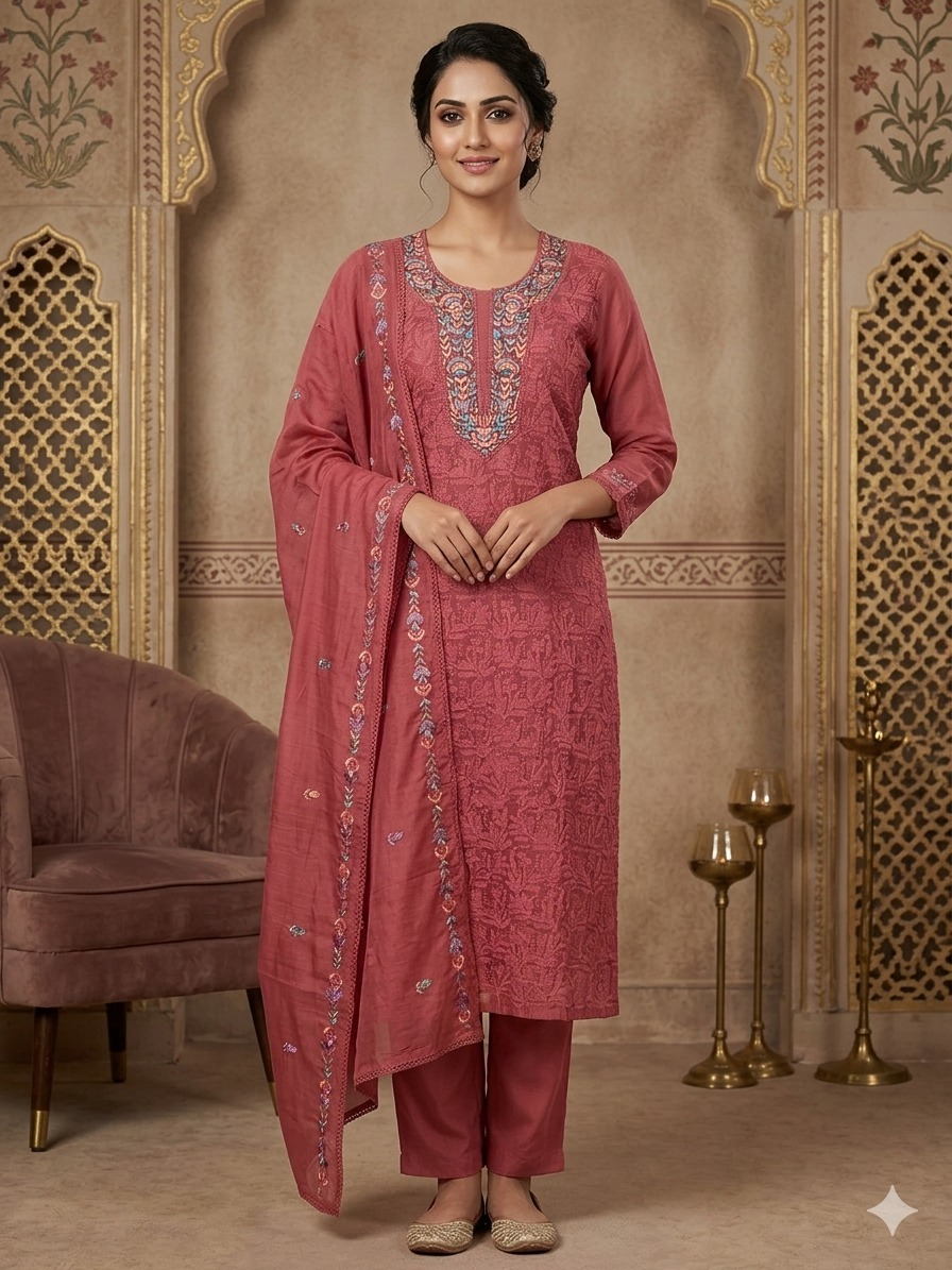 Premium Mal Chanderi Kashmiri Embroidered Suit Set