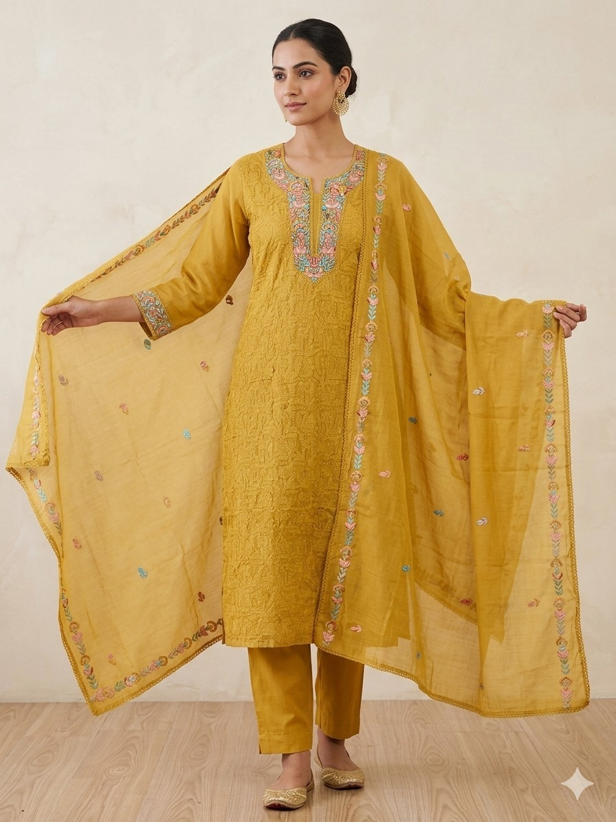 Premium Mal Chanderi Kashmiri Embroidered Suit Set