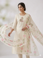 Muslin Silk Suit Set with Hand Work & Floral Dupatta