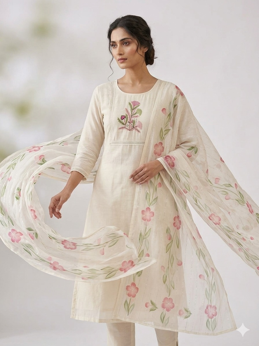 Muslin Silk Suit Set with Hand Work & Floral Dupatta