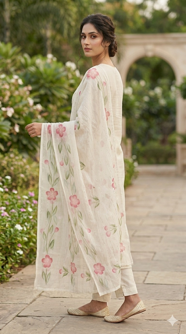 Muslin Silk Suit Set with Hand Work & Floral Dupatta