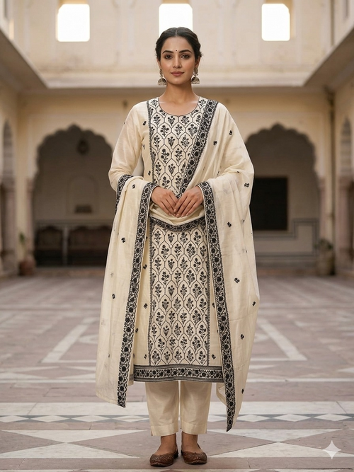 Chanderi Silk Suit Set with Thread Embroidery
