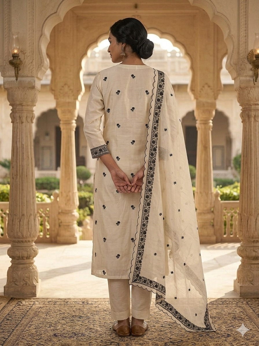 Chanderi Silk Suit Set with Thread Embroidery