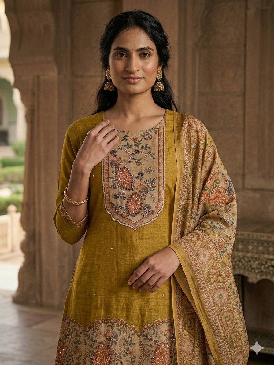 Linen Silk Suit Set with Moti Embroidery