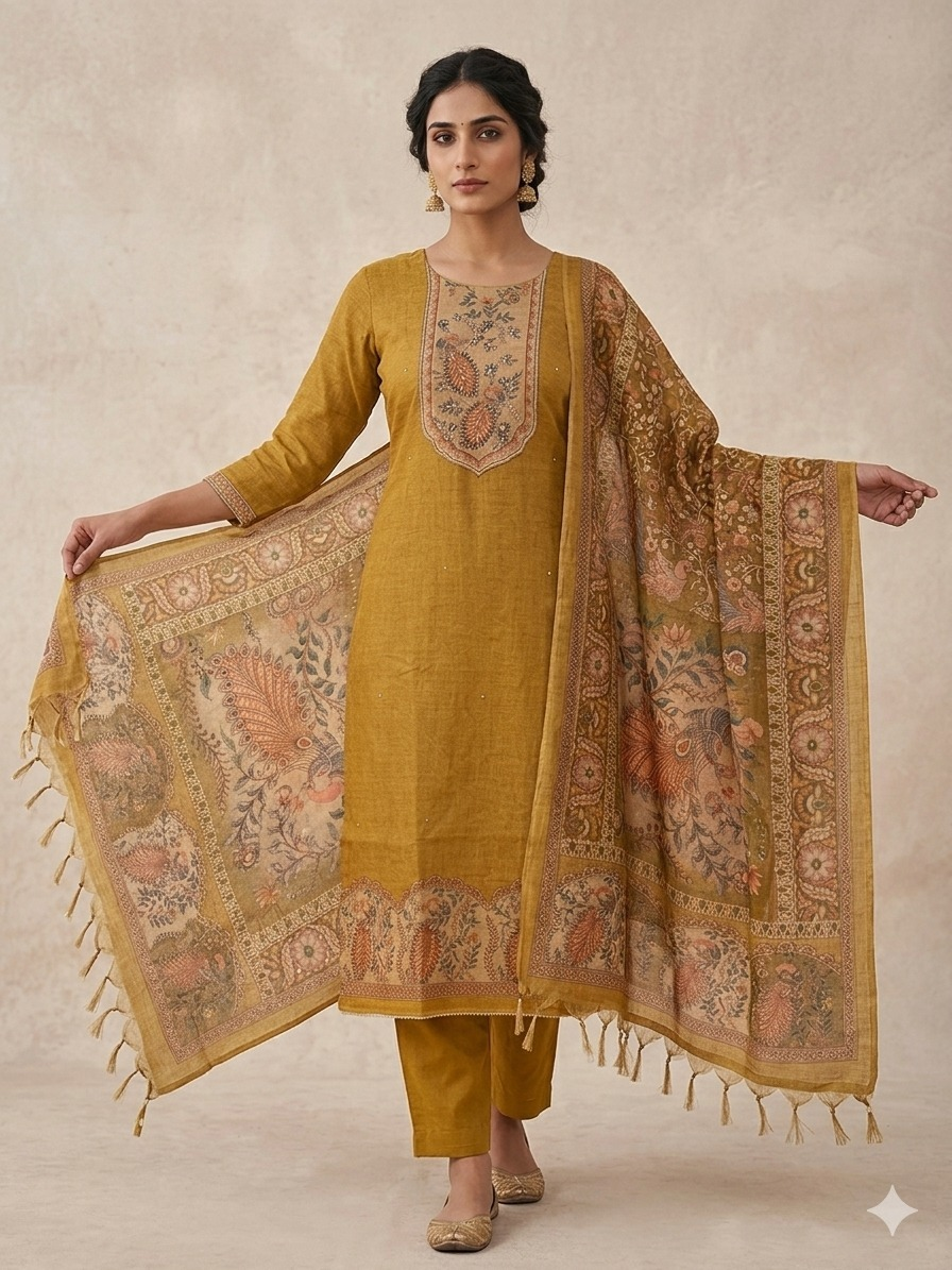 Linen Silk Suit Set with Moti Embroidery