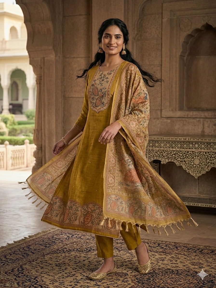 Linen Silk Suit Set with Moti Embroidery