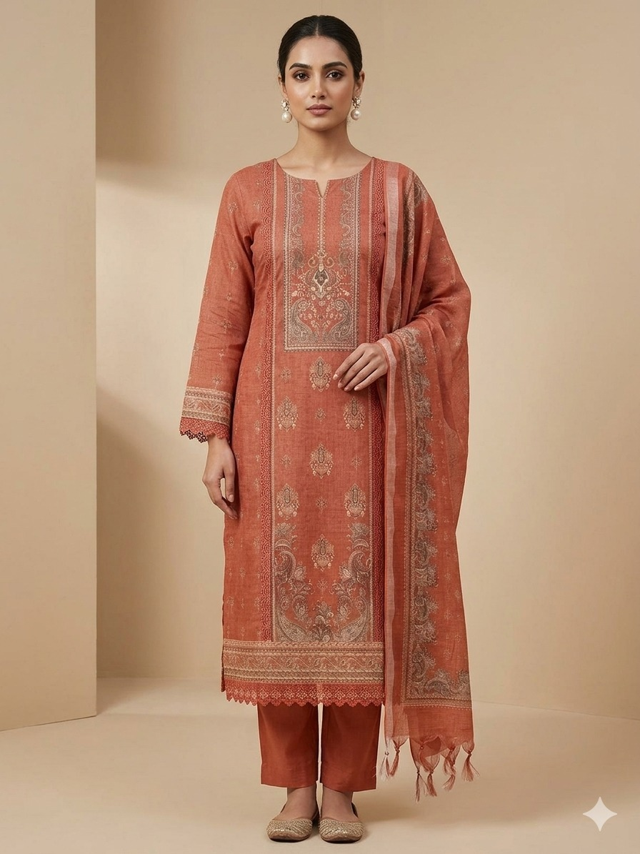 Charcoal Linen Cotton Suit Set with Stone Work