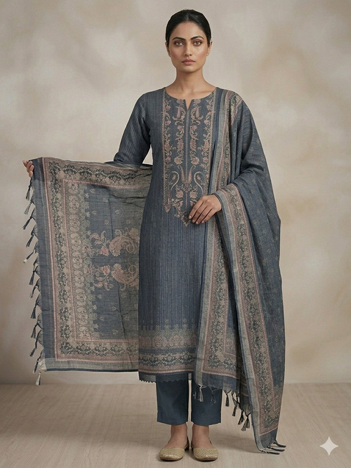 Charcoal Linen Cotton Suit Set with Stone Work
