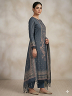 Charcoal Linen Cotton Suit Set with Stone Work