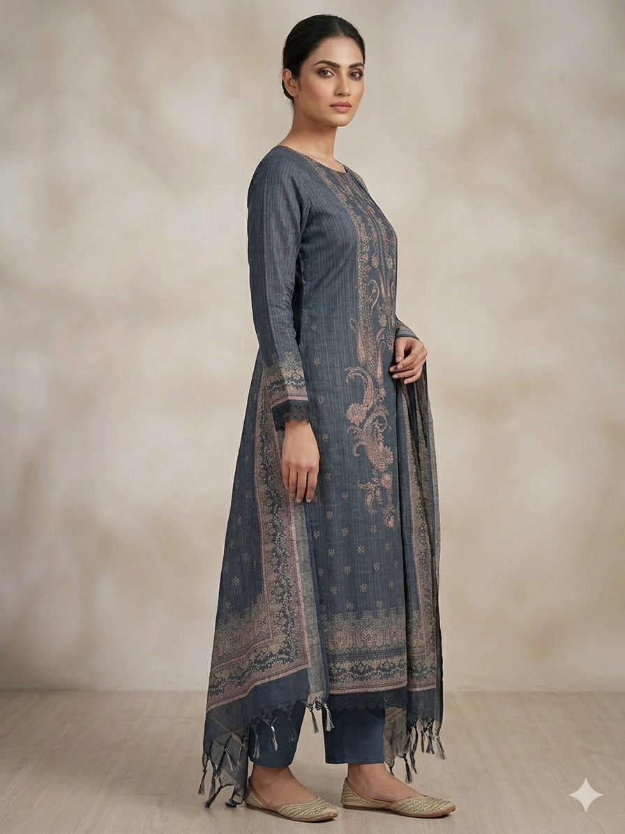 Charcoal Linen Cotton Suit Set with Stone Work