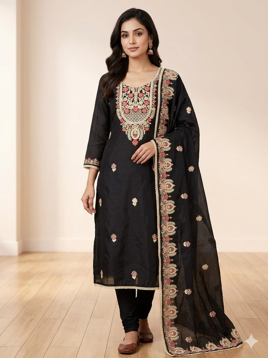 Mal Chanderi Suit Set with Kashmiri Embroidery
