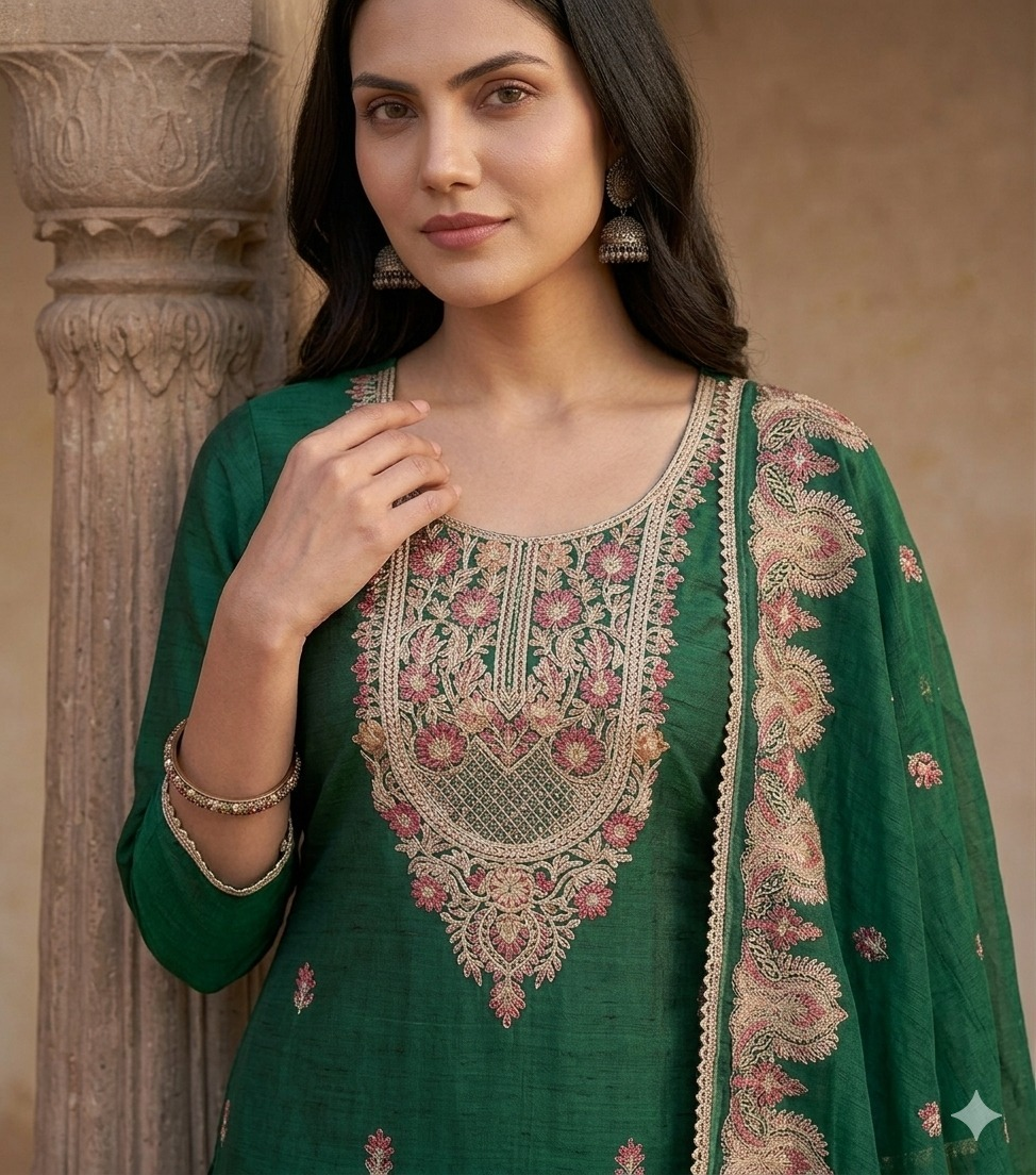 Mal Chanderi Suit Set with Kashmiri Embroidery