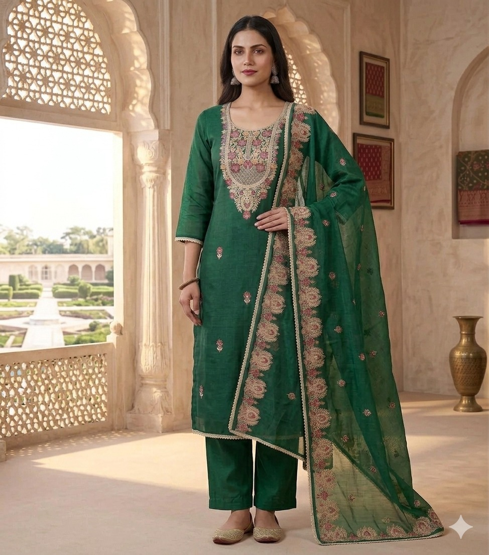 Mal Chanderi Suit Set with Kashmiri Embroidery