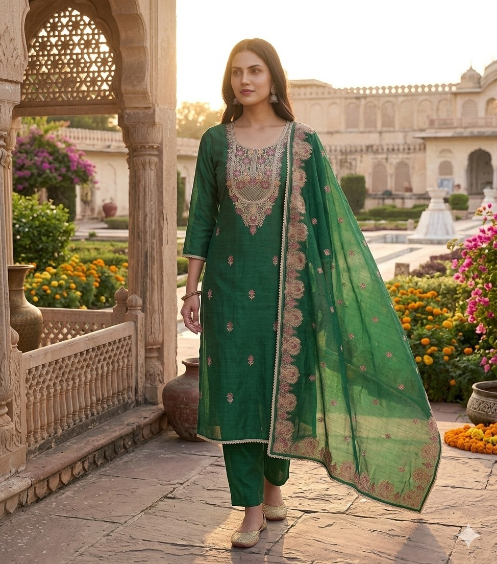Mal Chanderi Suit Set with Kashmiri Embroidery