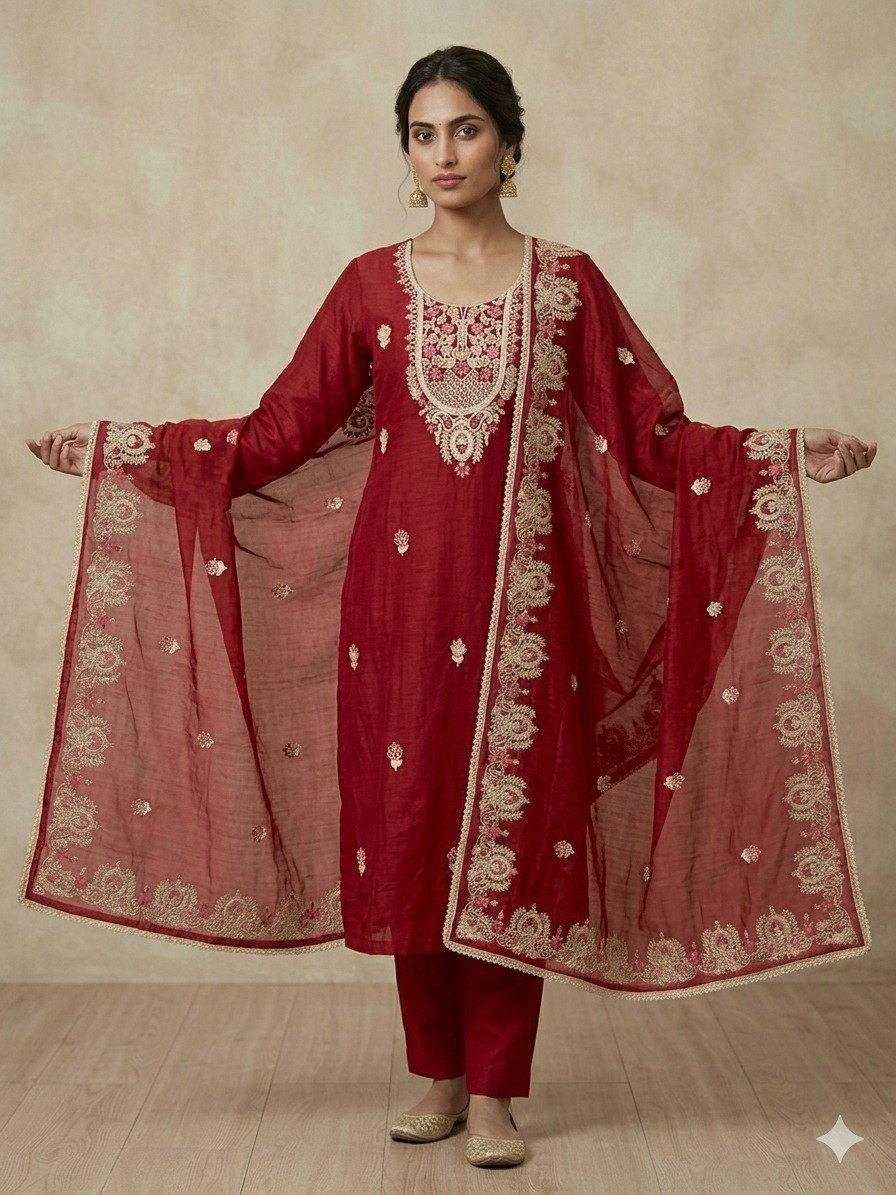 Mal Chanderi Suit Set with Kashmiri Embroidery
