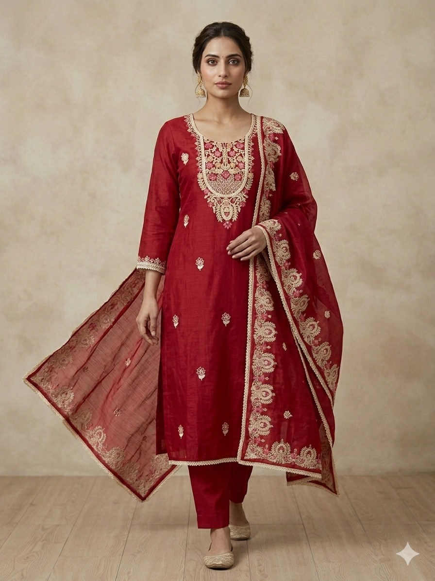 Mal Chanderi Suit Set with Kashmiri Embroidery