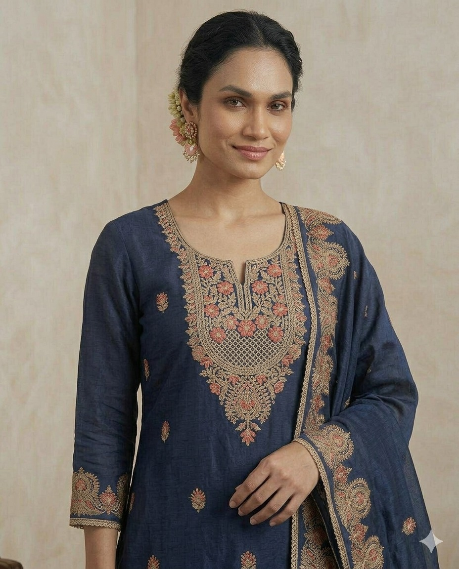 Mal Chanderi Suit Set with Kashmiri Embroidery