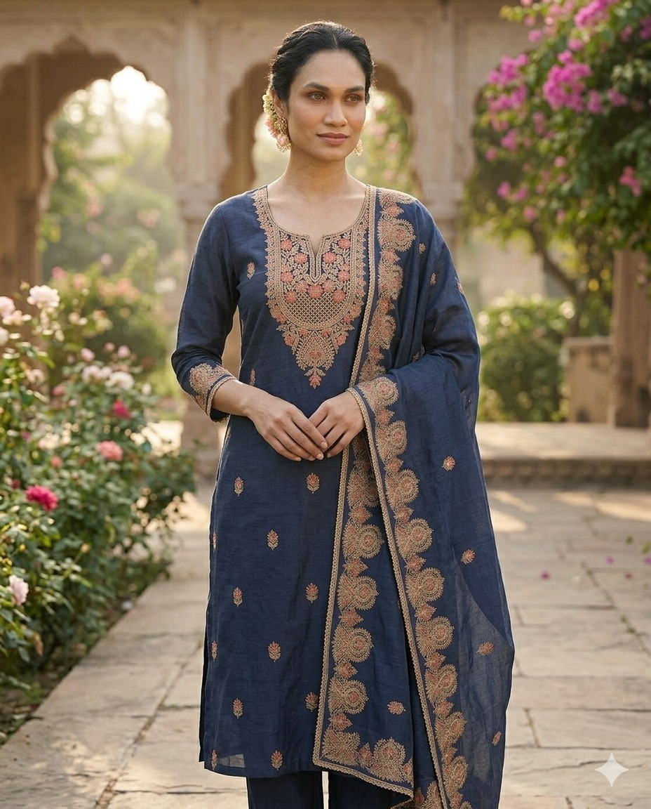 Mal Chanderi Suit Set with Kashmiri Embroidery