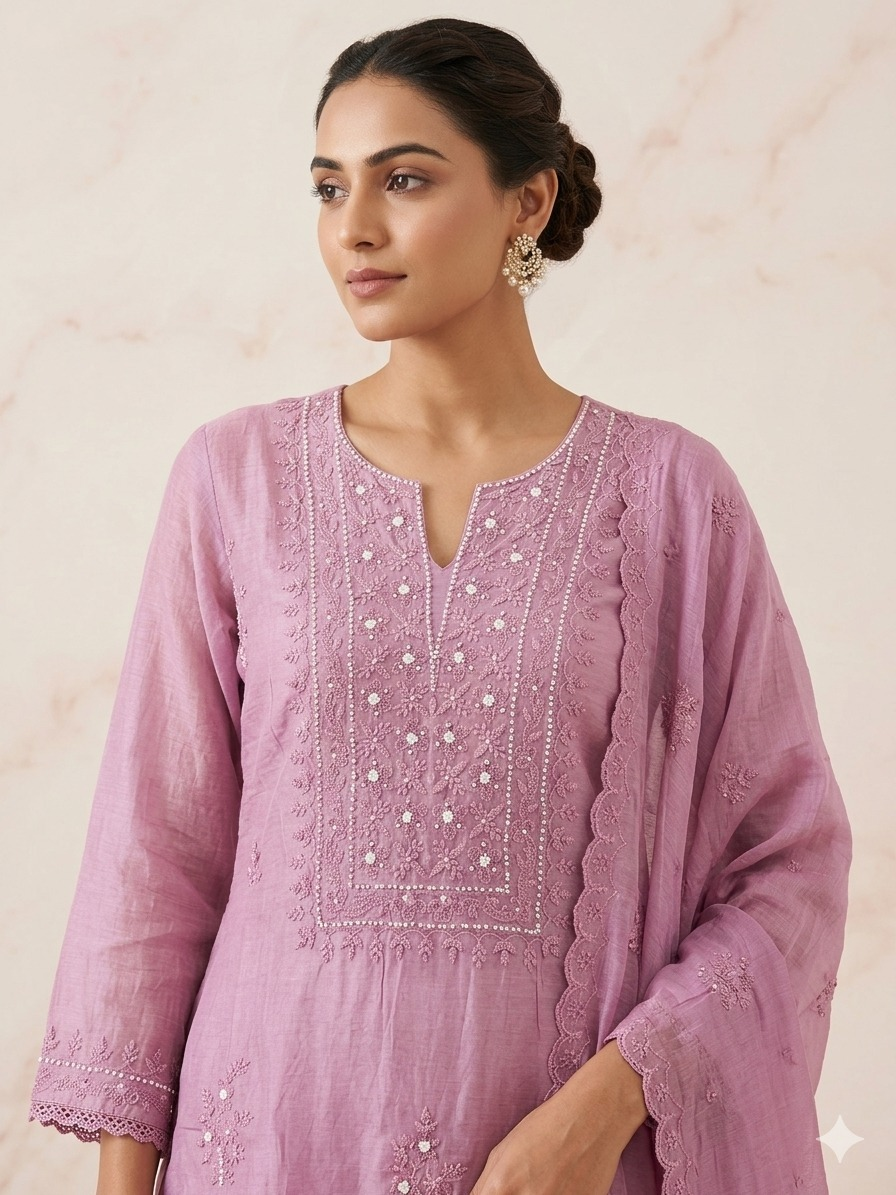 Mal Chanderi Suit Set with Moti Embroidery