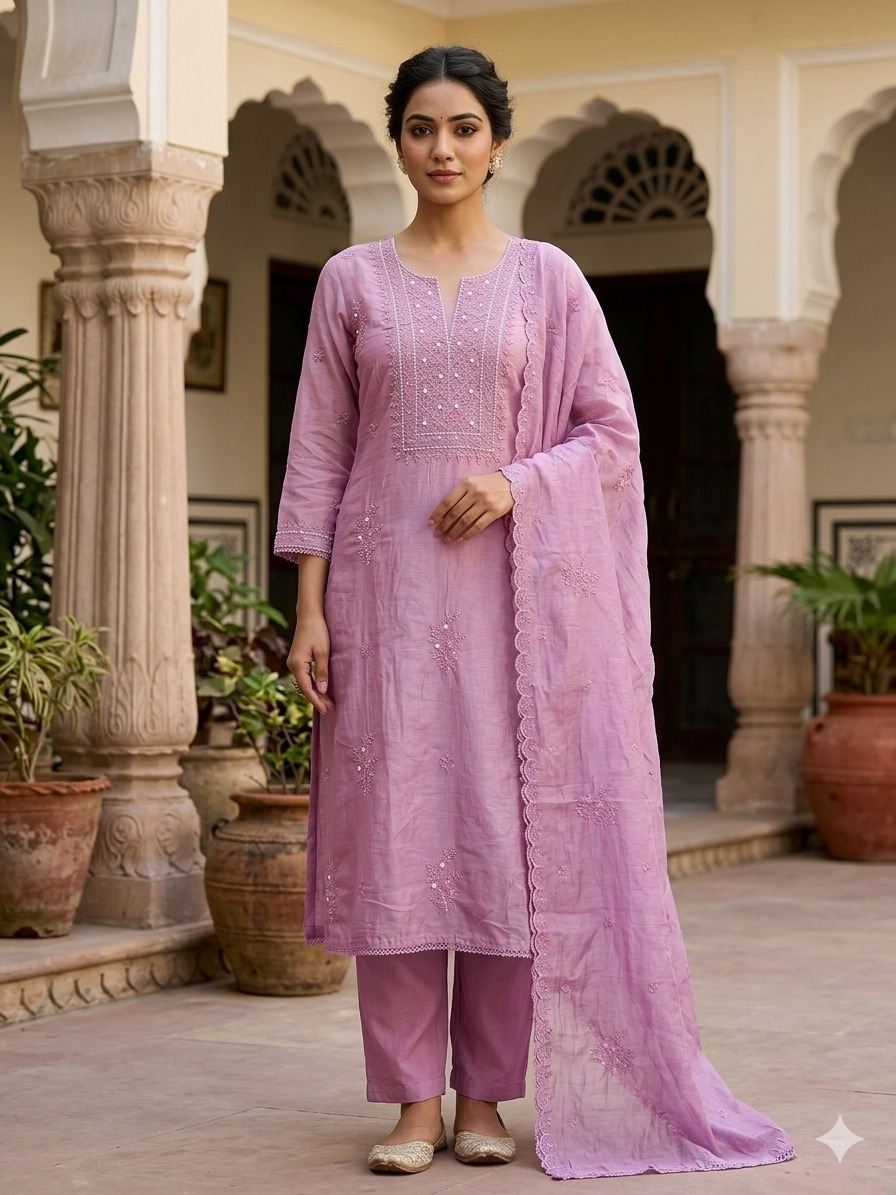Mal Chanderi Suit Set with Moti Embroidery