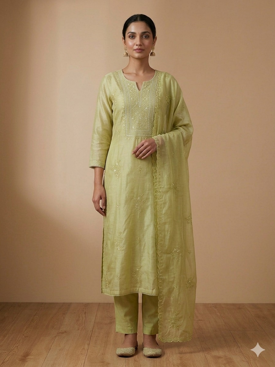 Mal Chanderi Suit Set with Moti Embroidery