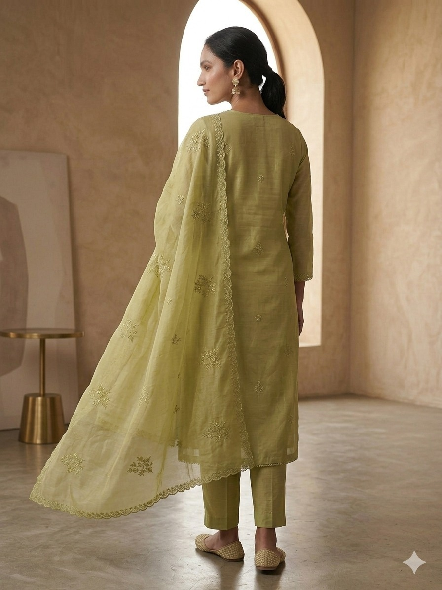 Mal Chanderi Suit Set with Moti Embroidery