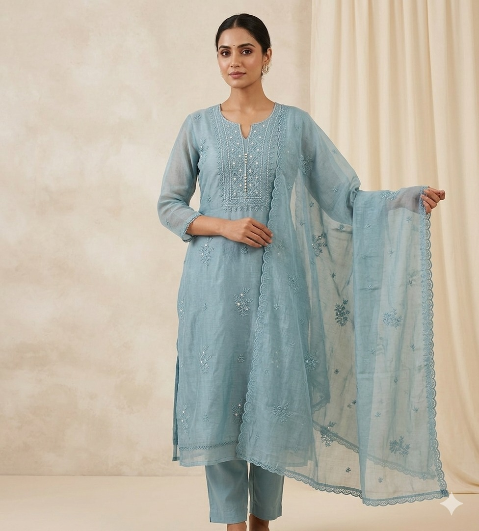 Mal Chanderi Suit Set with Moti Embroidery