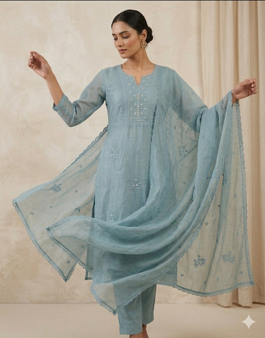 Mal Chanderi Suit Set with Moti Embroidery