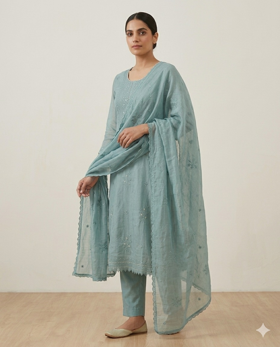 Mal Chanderi Suit Set with Moti Embroidery
