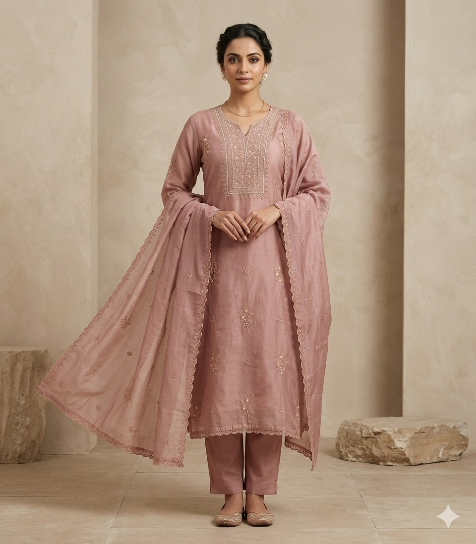 Mal Chanderi Suit Set with Moti Embroidery