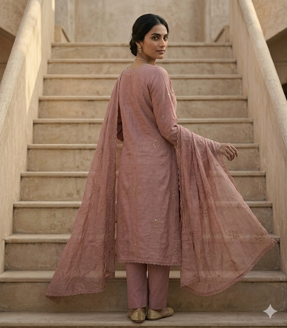 Mal Chanderi Suit Set with Moti Embroidery