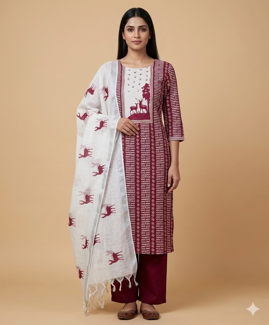 Elegant Linen Cotten Suit Set - Maroon