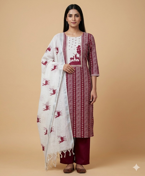Elegant Linen Cotten Suit Set - Maroon